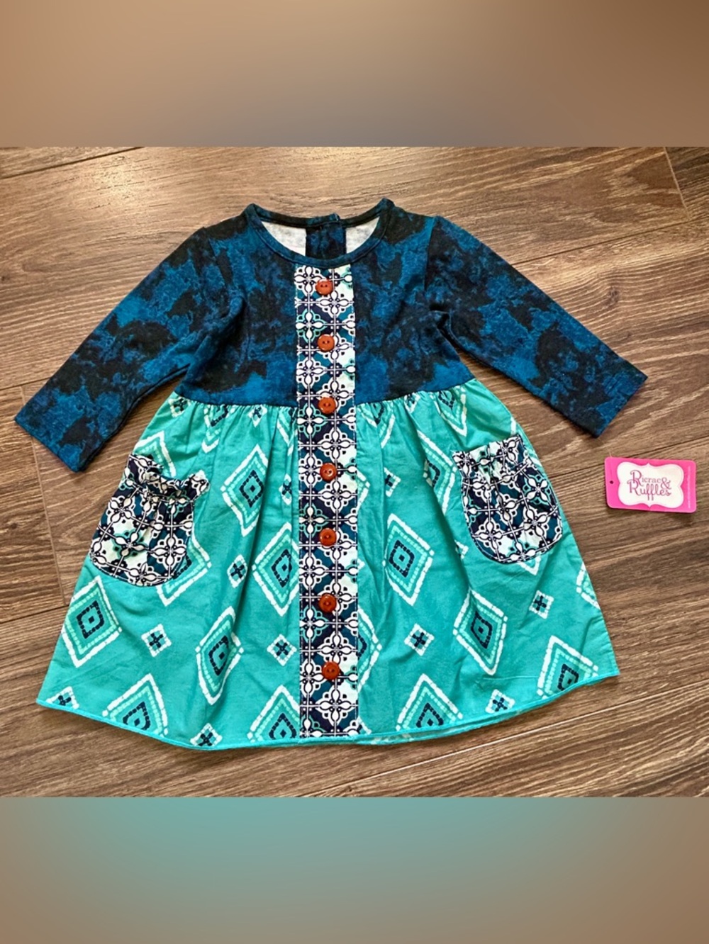NWT Ricrac & Ruffles Teal and Navy Patterned Long-Sleeve Dress 18 Months